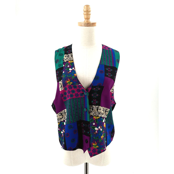 VTG 90s Olympia Blouses Women 100% Silk Patchwork Print Vest Medium Colorful Art - Picture 1 of 6